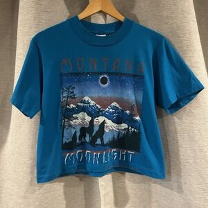 Vintage Montana Moonlight  Howling Wolf Cropped Crew Neck T-Shirt‎ Size M USA